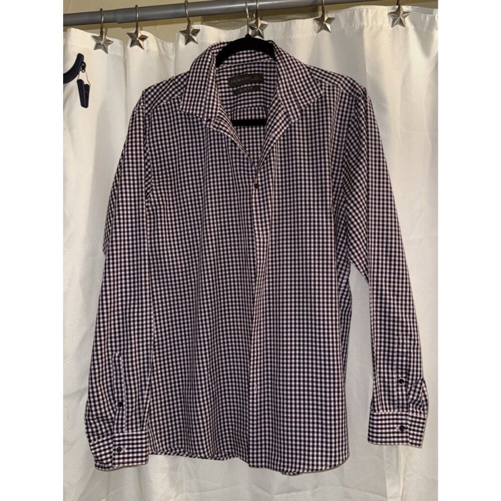 Primark Men's 17” Slim Fit Button Down Shirt Black Pink Checkered NO SIZE